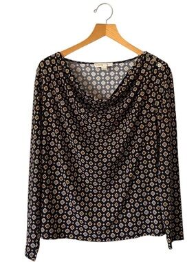 Michael Kors Geometric Medallion Cowl Neck Blouse Size Large Long Sleeve Office